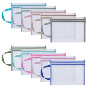 10 pack colored breathable mesh zipper pouch bags, large nylon toy storage & organization nets with handle and zipper, hangable visible puzzle a4 zipper pouch for cross stitch (10pcs, 1-laye)