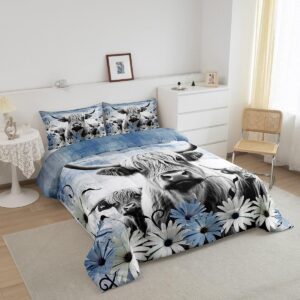 Erosebridal Highland Cow Print Comforter Set Twin,Blue Western Farmhouse Bedding Sets Rustic Home Decor,Longhorn Cattle Farm Animal Bed Set Grunge Daisy Flower Quilt Cowboys Gifts for Boys Girls Kids