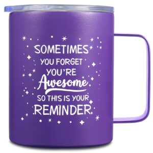 inspirational gifts for women, sometimes you forget you're awesome coffee mug, thank you gifts mothers day gifts, birthday, teacher appreciation gifts,14 oz insulated coffee cup with lid - purple