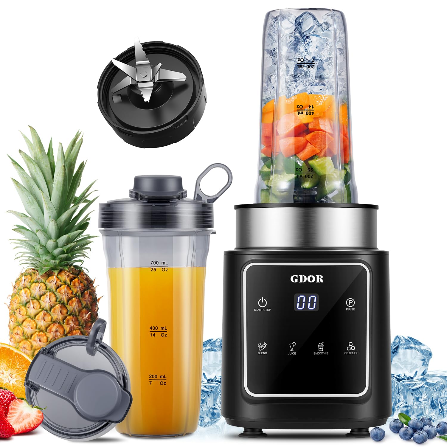 GDOR 1200W Touchscreen Blender for Shakes and Smoothies, Personal Blender with 4 Auto Programs, (2) 25oz TO-Go Cups & Spout Lids, Smoothie Blender for Ice Crush, Frozen Drinks, Black