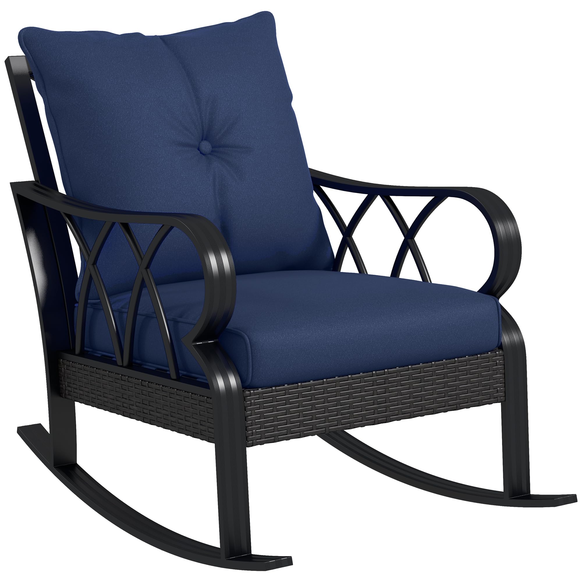 Outsunny Outdoor Wicker Rocking Chair with Padded Cushions, Aluminum Furniture Rattan Porch Rocker Chair w/Armrest for Garden, Patio, and Backyard, Navy Blue