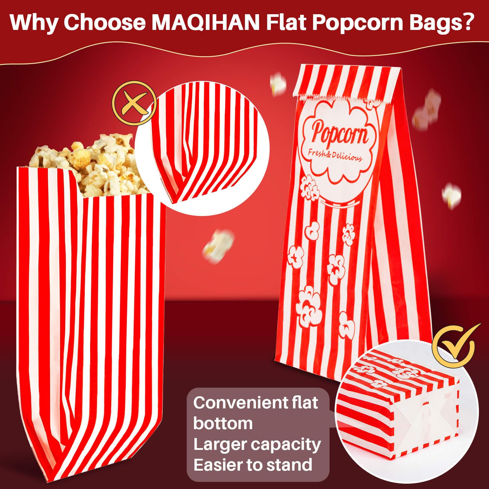 MAQIHAN 50 Popcorn Bags Individual Servings - Flat Bottom Paper Popcorn Food Bags Party Pop Corn Sleeves Bulk Carnival Halloween Snack Packs Gift Favor Treat bolsas para palomitas Movie Night Supplies