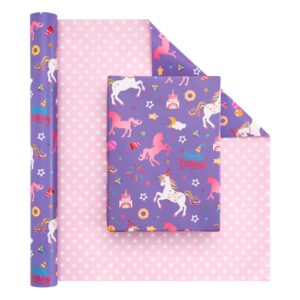 wernnsai unicorn reversible wrapping paper roll - 1 roll 17” x 33 ft happy birthday wrapping paper roll kids unicorn birthday gift wrap roll girls wrapping paper polka dot design unicorn party favor