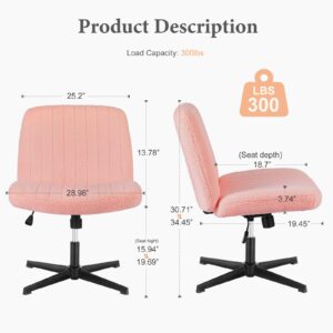 Sweetcrispy Criss Cross Chair Legged, Armless Office Desk Chair No Wheels, Swivel Vanity Chair, Height Adjustable Wide Seat Computer Task Chair, Fabric Vanity Modern Home Chair Pink