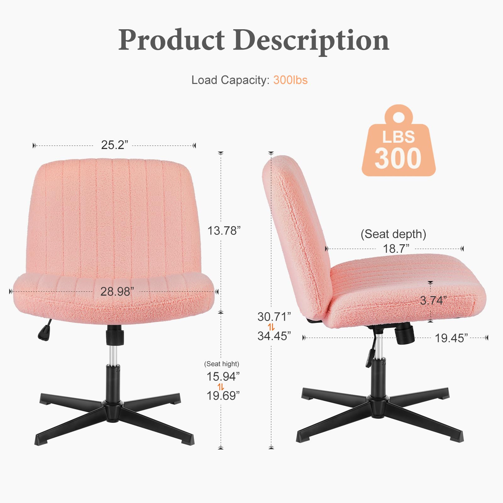 Sweetcrispy Criss Cross Chair Legged, Armless Office Desk Chair No Wheels, Swivel Vanity Chair, Height Adjustable Wide Seat Computer Task Chair, Fabric Vanity Modern Home Chair Pink