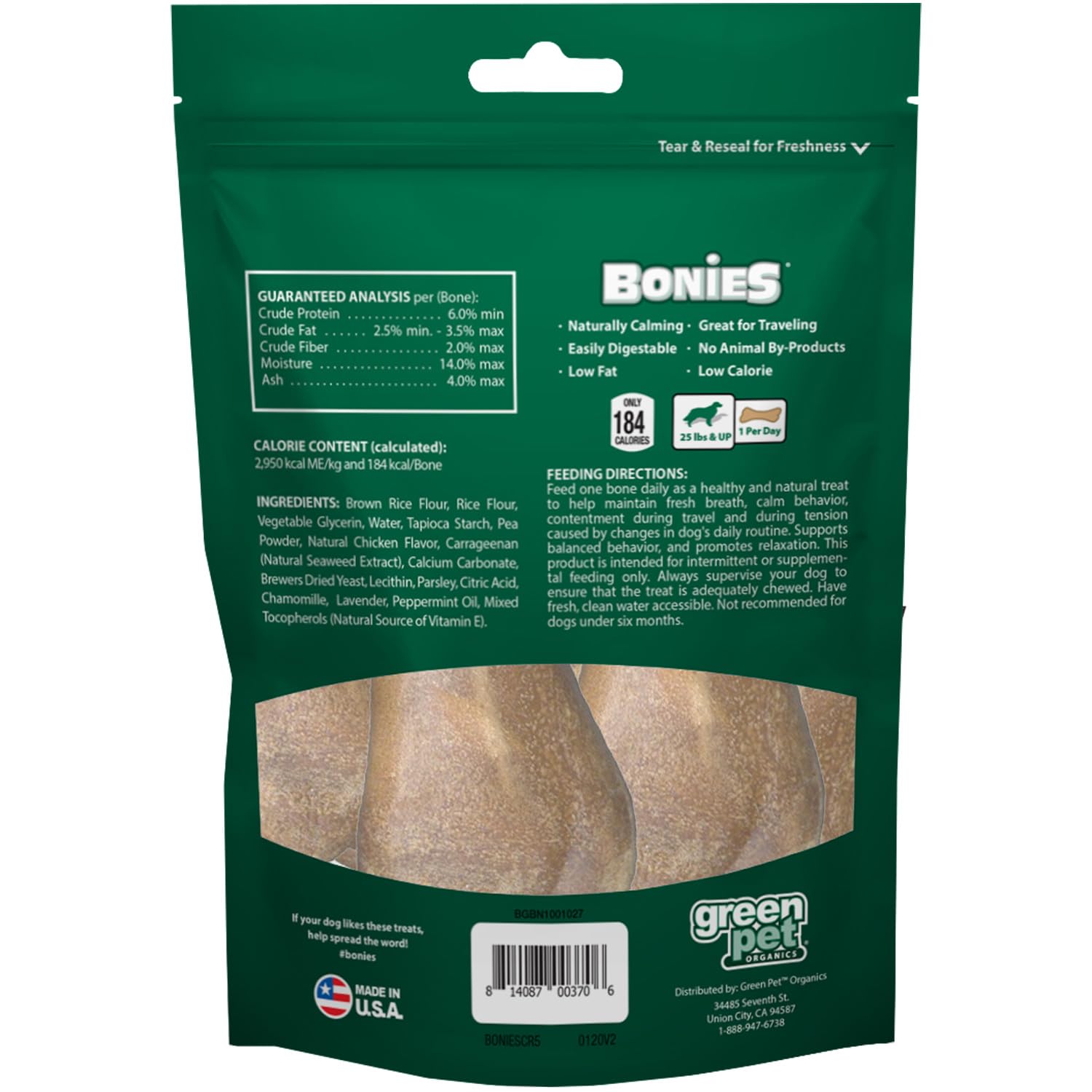 Bonies Natural Calming Formula Dog Treats - Contains Chamomile & Lavender, Help Anxiety, Excessive Barking & Trembling, Chicken Flavor, [Large Dog], 5 Bones