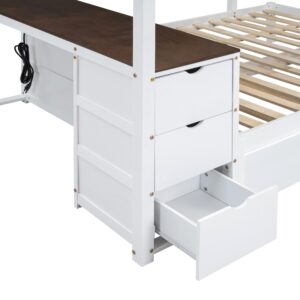 Harper & Bright Designs Full Over Full Bunk Bed Twin Size Trundle, Wood Full Bunk Bed with USB Ports, Storage and Desk, White+Walnut