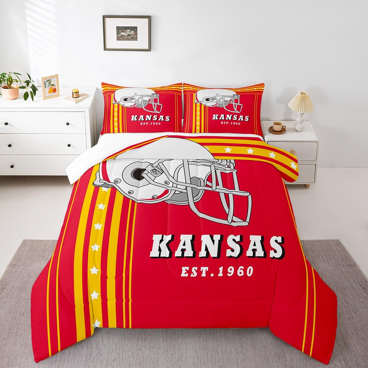 Erosebridal American Football Comforter Set Rugby Decor Sports Game Bedding Comforter Sets Twin, Boys American Football City Bedding Red Yellow White Stars Stripes Duvet Insert 2Pcs (Kansas)