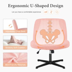 Sweetcrispy Criss Cross Chair Legged, Armless Office Desk Chair No Wheels, Swivel Vanity Chair, Height Adjustable Wide Seat Computer Task Chair, Fabric Vanity Modern Home Chair Pink