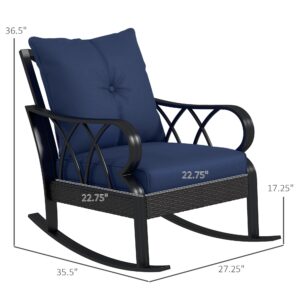 Outsunny Outdoor Wicker Rocking Chair with Padded Cushions, Aluminum Furniture Rattan Porch Rocker Chair w/Armrest for Garden, Patio, and Backyard, Navy Blue