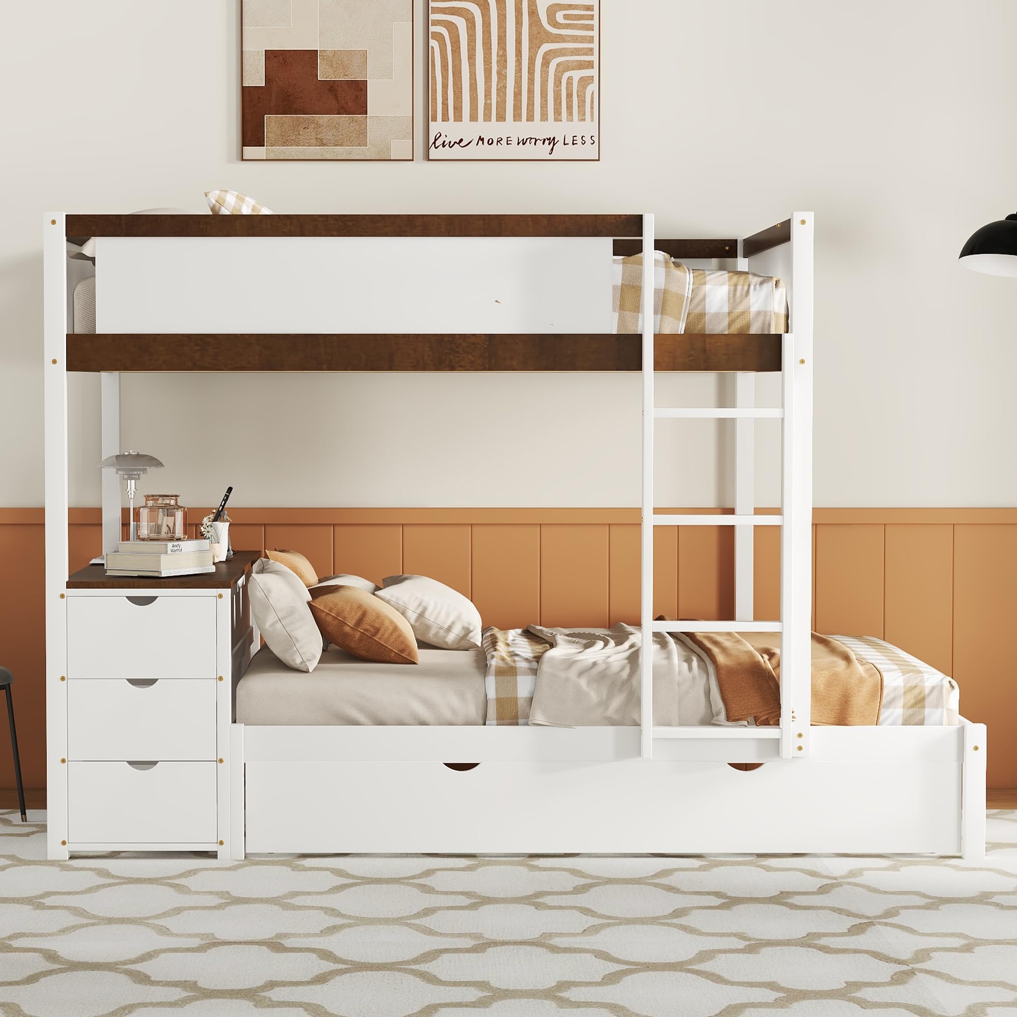 Harper & Bright Designs Full Over Full Bunk Bed Twin Size Trundle, Wood Full Bunk Bed with USB Ports, Storage and Desk, White+Walnut