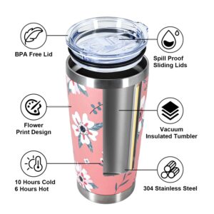 20oz Tumbler with Lid and Straw, Flower Coffee Mug Double Wall Vacuum Insulated Travel Mug Floral Cup Stainless Steel Water Bottle Reusable Tumblers with Car Coaster for Ice Drinks, Hot Beverage, Pink