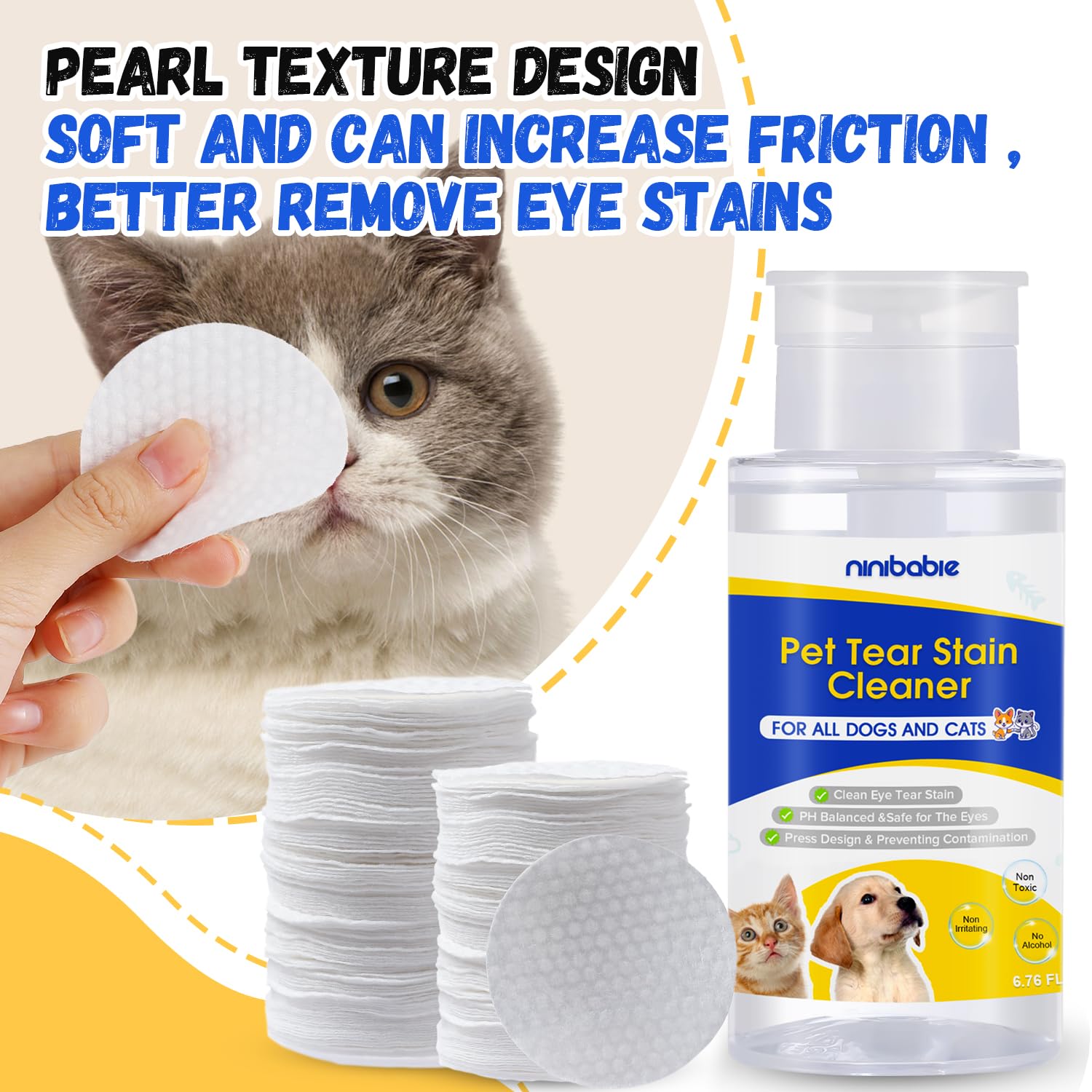 Ninibabie Tear Stain Cleaner for Dogs and Cats,Gently Remove Tear Stain,Eye Debris,Mucus Secretions with 200Pcs Eye Dry Wipes,Eye Cleaner Dry Pads,Not Easily Evaporated