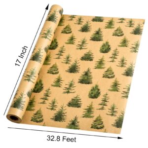 Retrify Kraft Wrapping Paper Roll with Cut Lines on Reverse, Watercolor Green Christmas Trees Gift Wrap Paper for Holiday, Party Celebration, Arts, Craft - 17 Inch x 32.8 Feet