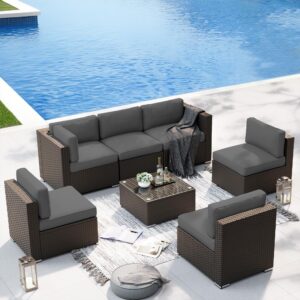 suncrown 7-piece outdoor patio furniture sofa set all-weather wicker sectional conversation set with modern glass coffee table and cushions,dark grey