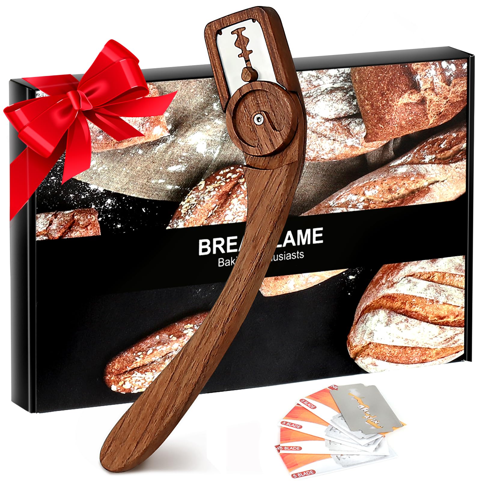 HHZPAEK Innovative Magnetic Bread Lame Bread Scoring Tool,Bread Lame Cutter,Bread Scoring Knife for Bread Baking & Sourdough Baking,Bread Razor Tool with 5 Razor Blades-Black Walnut Wood