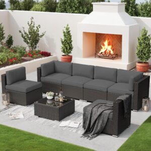 SUNCROWN 7-Piece Outdoor Patio Furniture Sofa Set All-Weather Wicker Sectional Conversation Set with Modern Glass Coffee Table and Cushions,Dark Grey