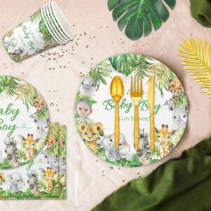 244PCS Jungle Safari Baby Shower Decorations include Plates, Cups, Napkins, Cutlery, Backdrop, Tablecloth, Palm Leaves, Balloon Garland Kit for Animal Themed Baby Boy Shower Decorations, Serves 24