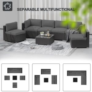 SUNCROWN 7-Piece Outdoor Patio Furniture Sofa Set All-Weather Wicker Sectional Conversation Set with Modern Glass Coffee Table and Cushions,Dark Grey