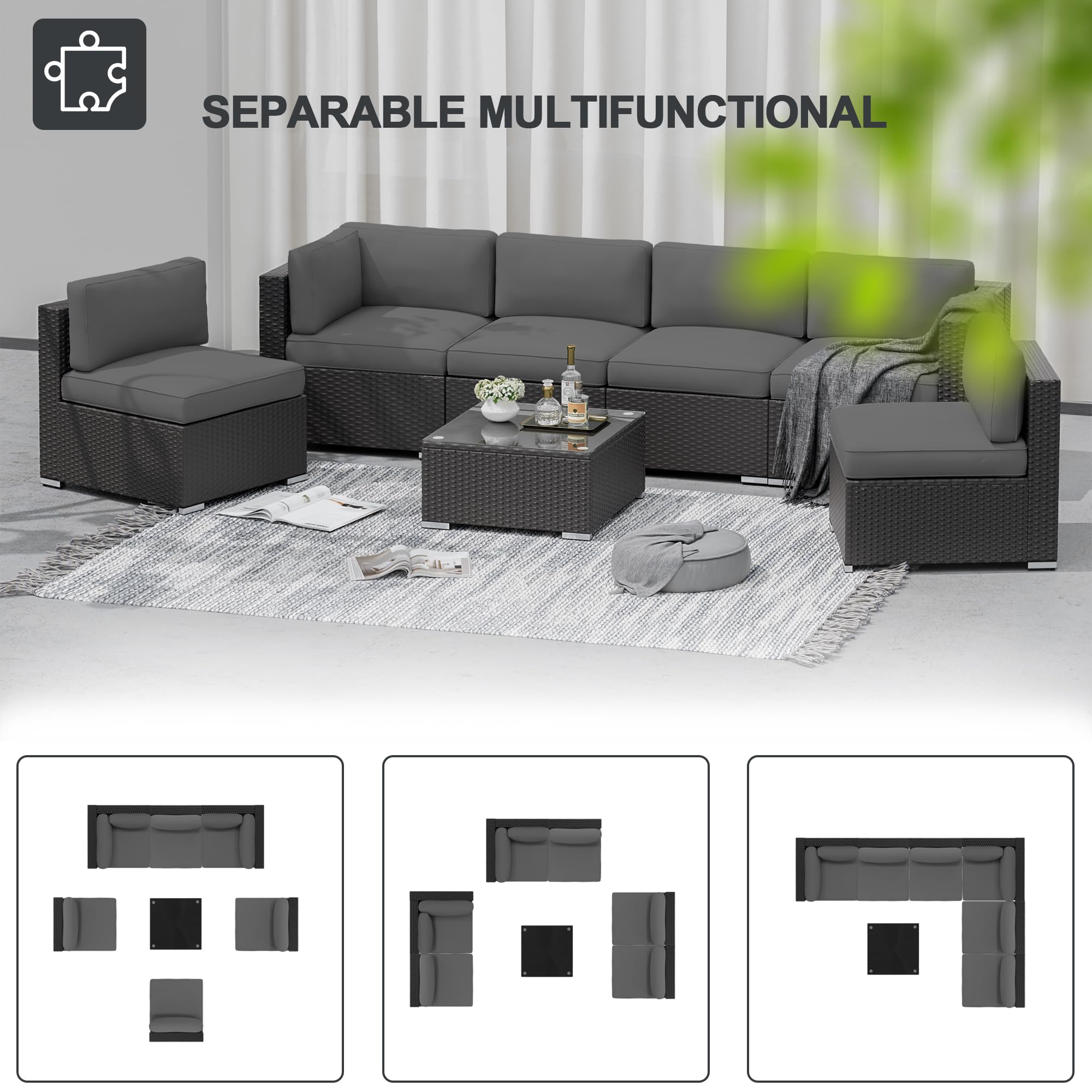 SUNCROWN 7-Piece Outdoor Patio Furniture Sofa Set All-Weather Wicker Sectional Conversation Set with Modern Glass Coffee Table and Cushions,Dark Grey