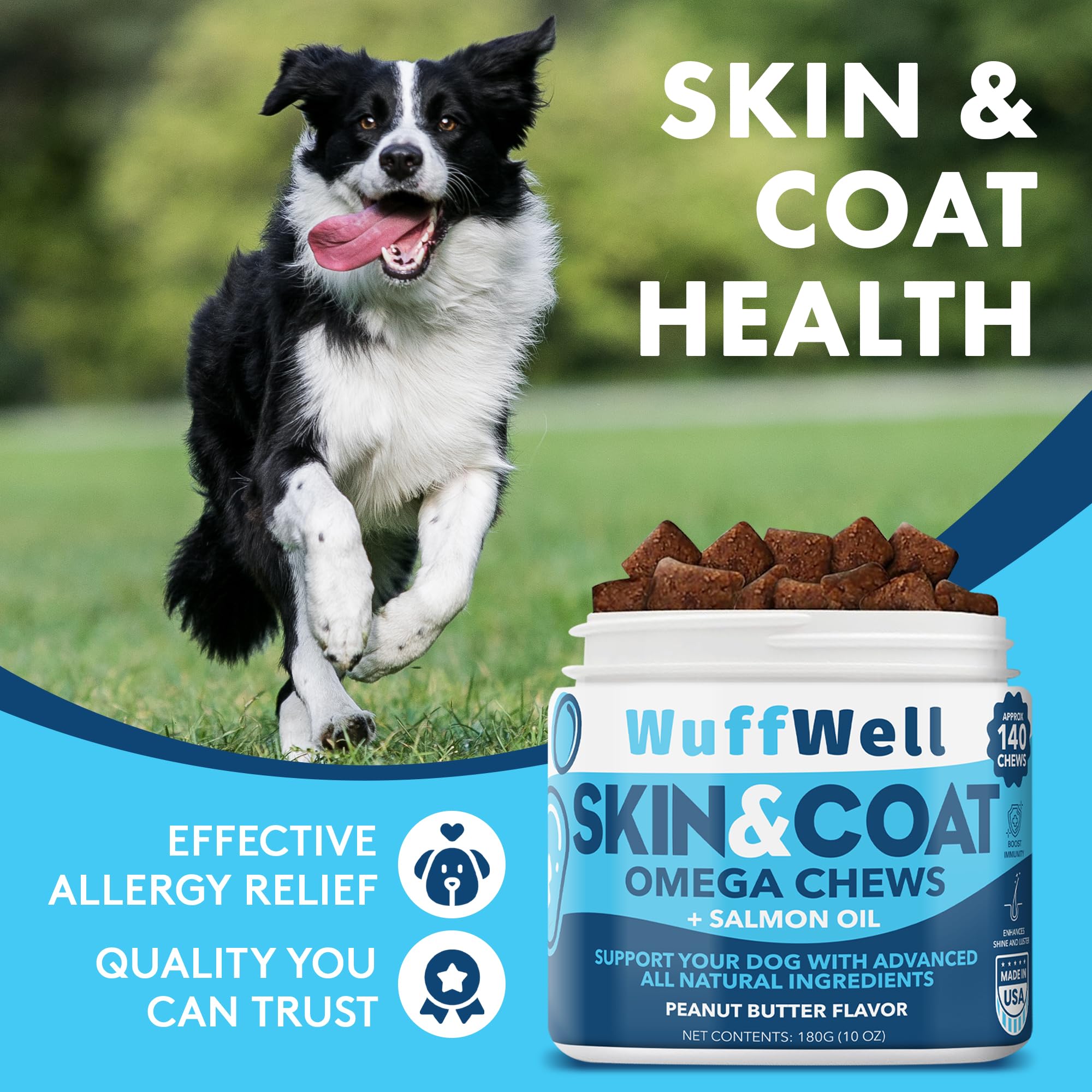 WuffWell - Omega 3 for Dogs with Salmon Oil 140ct - Dog Skin and Coat Supplement - Allergy and Itch Relief - Fish Oil for Dogs Chews - Dog Anti Shedding Supplement - Dry Skin Treatment - Made in USA