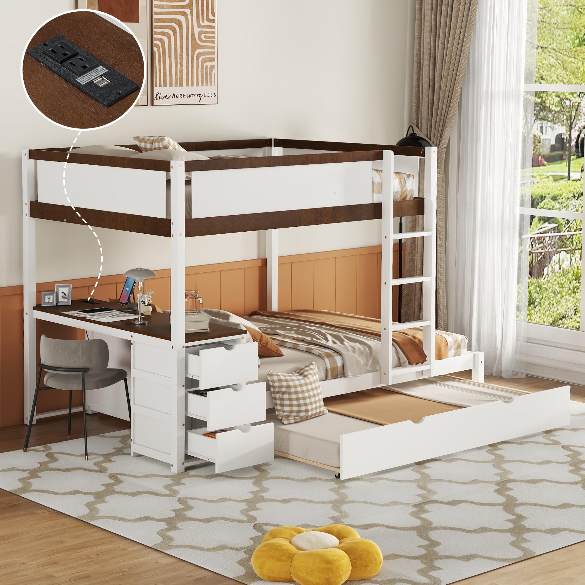 Harper & Bright Designs Full Over Full Bunk Bed Twin Size Trundle, Wood Full Bunk Bed with USB Ports, Storage and Desk, White+Walnut