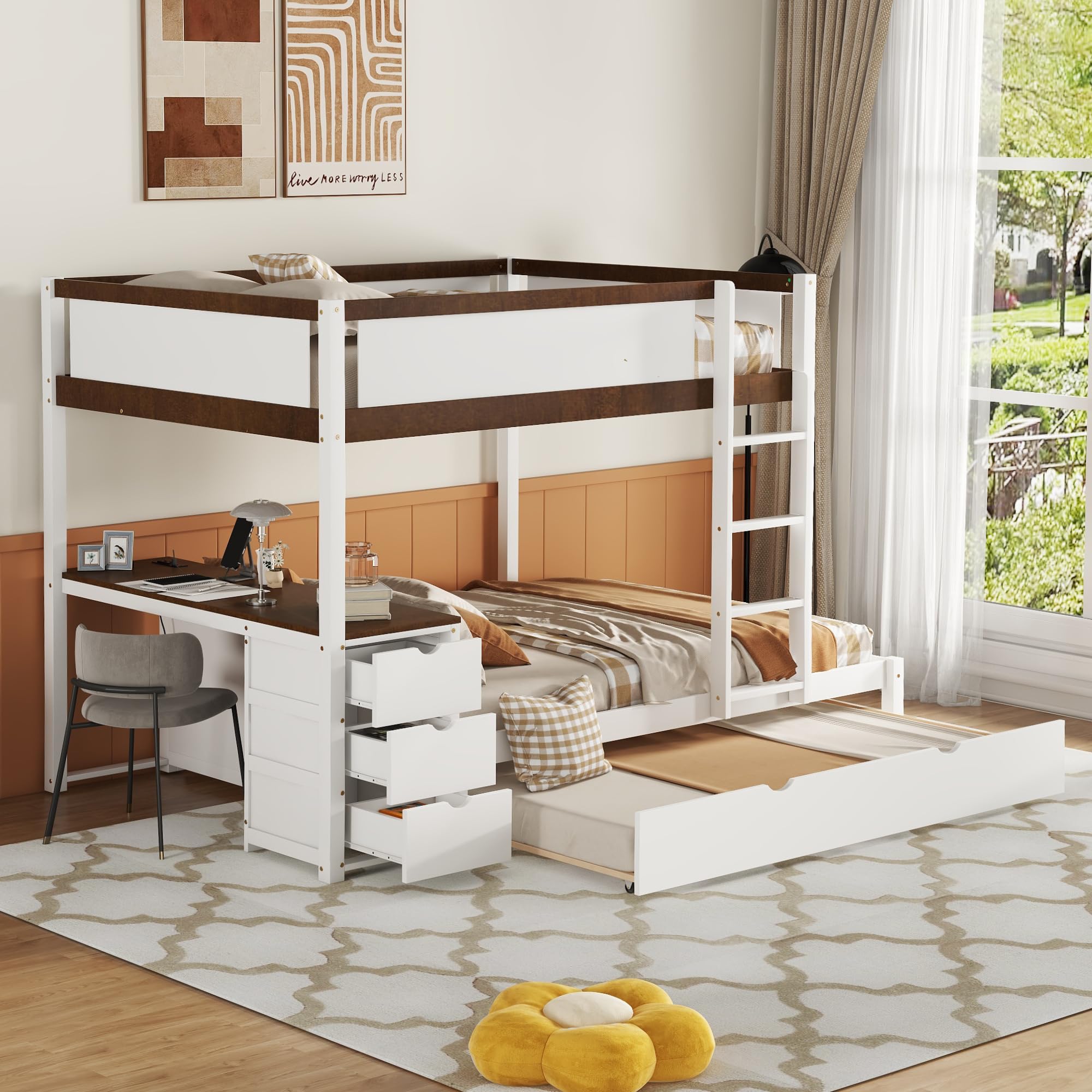 Harper & Bright Designs Full Over Full Bunk Bed Twin Size Trundle, Wood Full Bunk Bed with USB Ports, Storage and Desk, White+Walnut