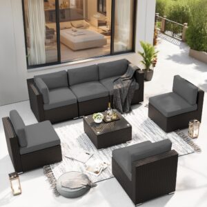 SUNCROWN 7-Piece Outdoor Patio Furniture Sofa Set All-Weather Wicker Sectional Conversation Set with Modern Glass Coffee Table and Cushions,Dark Grey