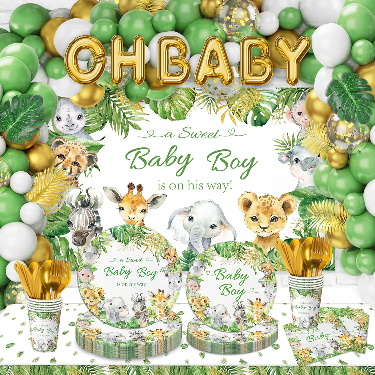 244PCS Jungle Safari Baby Shower Decorations include Plates, Cups, Napkins, Cutlery, Backdrop, Tablecloth, Palm Leaves, Balloon Garland Kit for Animal Themed Baby Boy Shower Decorations, Serves 24