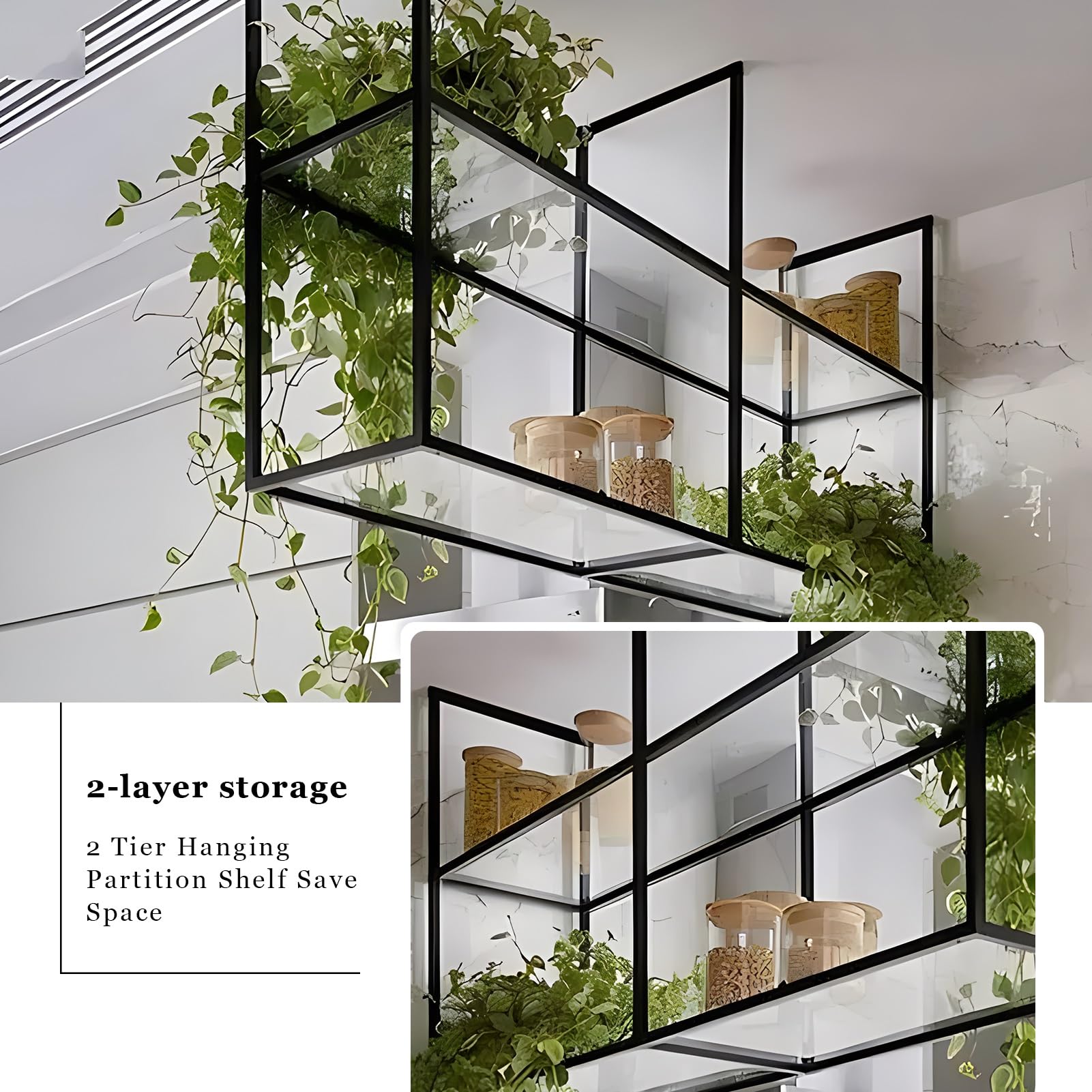 Yopappol 2 Tiers Ceiling Shelf Kitchen Hanging Spice Rack Organizer Wall Mounted Plant Stand/Bookshelf, Black Iron Art Storage Shelves for Home Office Restaurant (Size : 60x30x80cm)