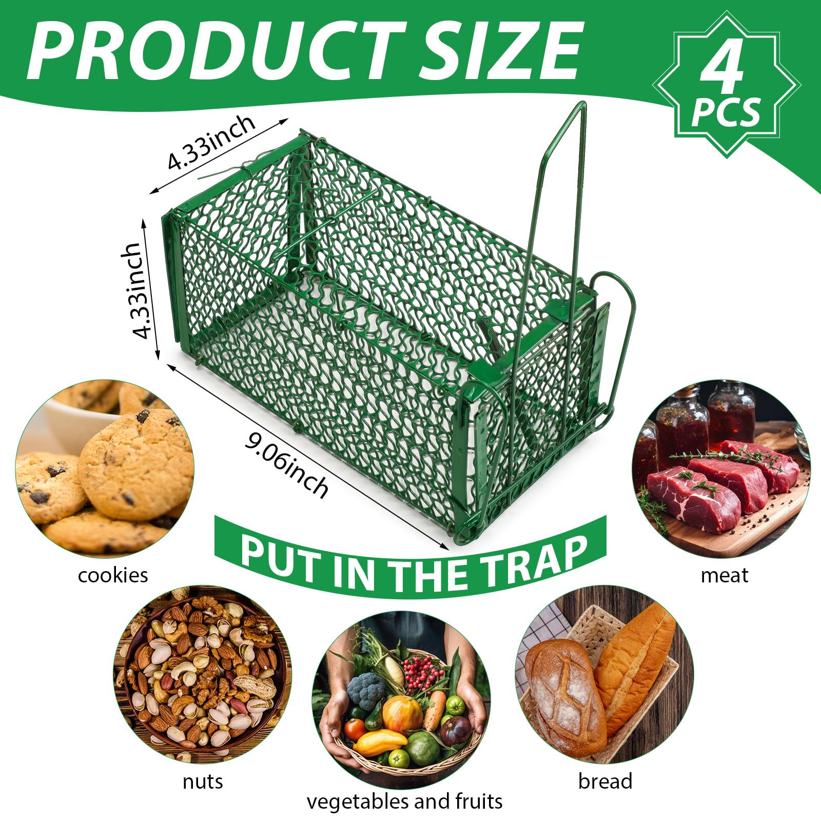 Qualirey 4 Pcs Humane Rat Trap Chipmunk Squirrel Cage Trap Foldable Rodent Trap for Small Live Animal Voles Hamsters Cage Catch and Release for Kitchen Yard Garage Indoors Outdoors (Green)