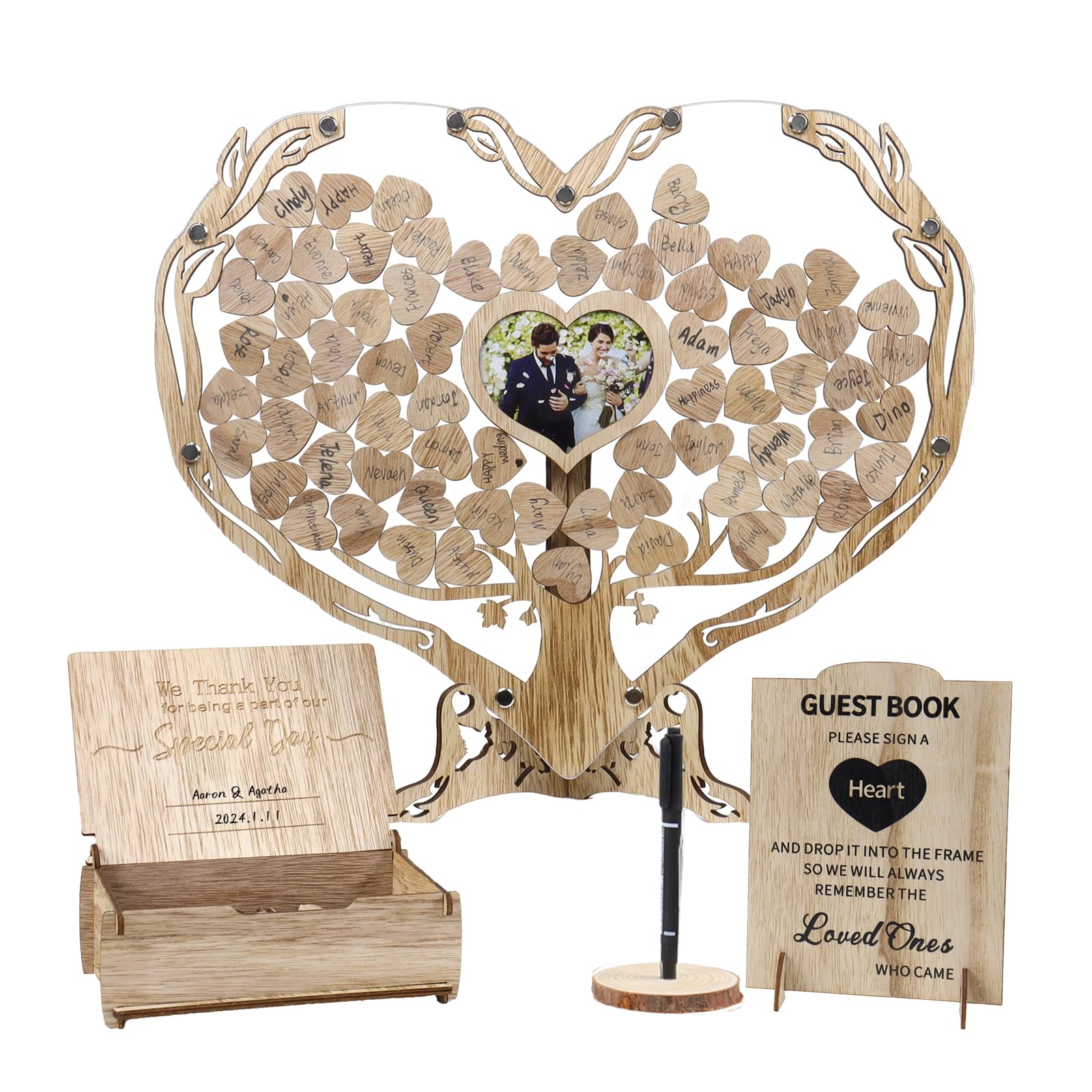 Heart Wedding Guest Book Alternative, Rustic Wooden Wedding Guest Book with Heart Picture Frame, Wedding Heart Guest Book Drop Box, Personalized Wedding Guest Book for Wedding Decor Party Birthday