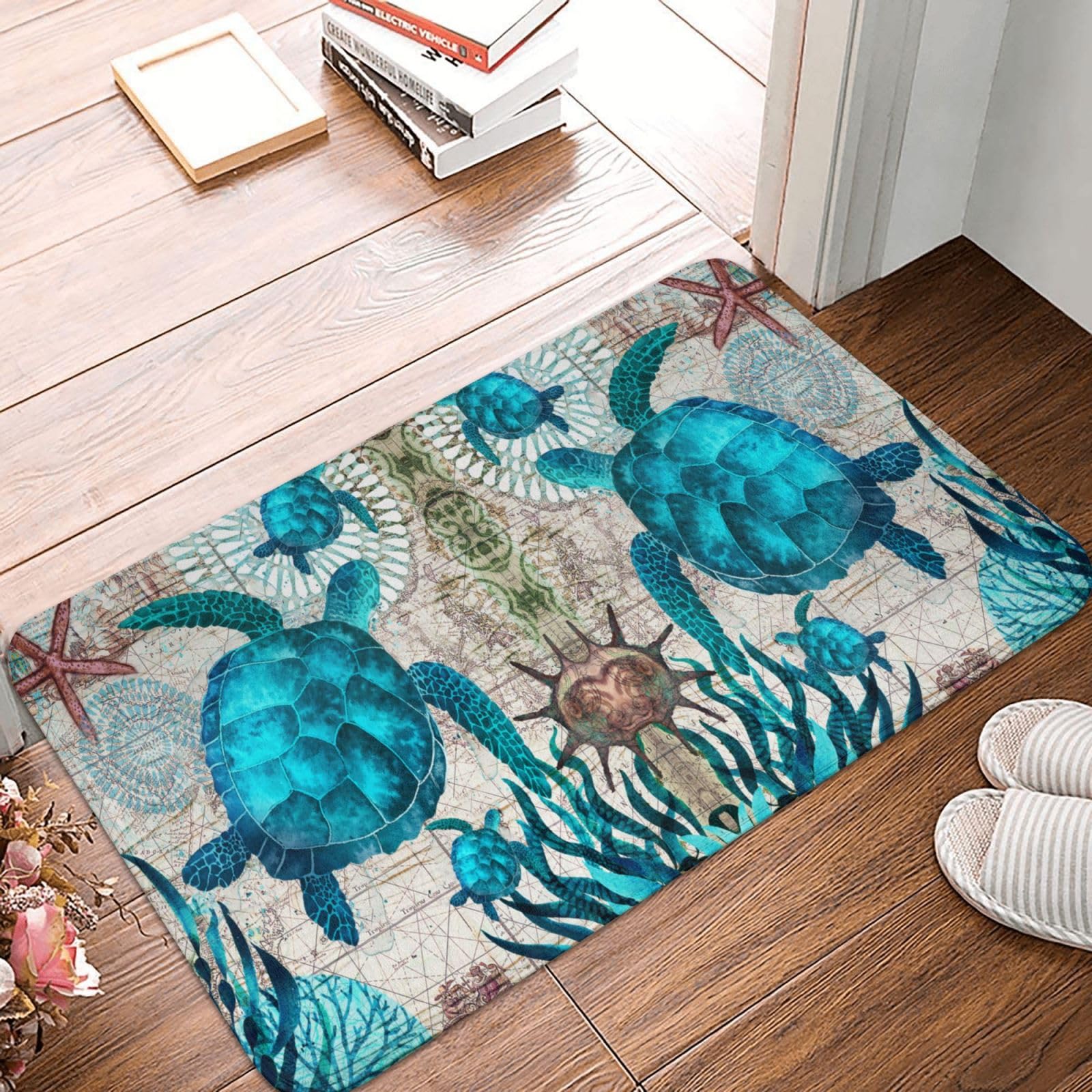 Sea Turtle Area Rug 2x3 Throw Rugs Turtles Beach Ocean Life Teal Marine Animal Nautical Area Carpet Small Rug Entryway Indoor Entrance Door Mats Washable Non-Slip Floor Carpets for Bathroom Bedroom