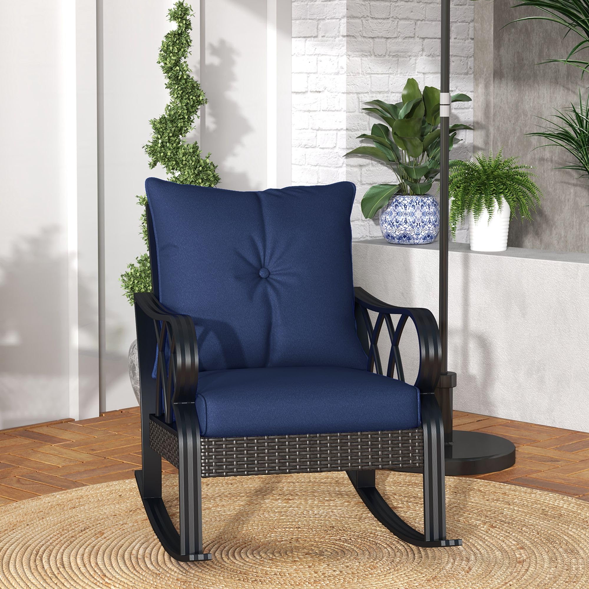 Outsunny Outdoor Wicker Rocking Chair with Padded Cushions, Aluminum Furniture Rattan Porch Rocker Chair w/Armrest for Garden, Patio, and Backyard, Navy Blue