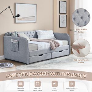 Antetek 80.5" Daybed with Drawer, Modern Button Tufted Linen Day Bed with Trundle Bed Twin to King, Upholstered Daybed Frame w/Storage Pocket for Bedroom, Living Room, No Box Spring Needed, Grey