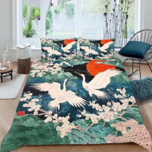 CCoutueChen Cherry Blossom Crane Comforter Duvet Cover Queen Japanese Ukiyo Bedding Set with Zipper Closure Oriental Flower Bird Comforter Cover Aesthetics Duvet Cover with 2 Pillowcases?Kids Adult ?