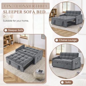 JEEOHEY 3 in 1 Convertible Sleeper Sofa Bed,52" Modern Velvet Pull Out Couch Bed with USB&Type-C Charging Ports,Futon Tufted Love Seat with Adjustable Backrest for Living Room,Office,Bedroom(Grey)