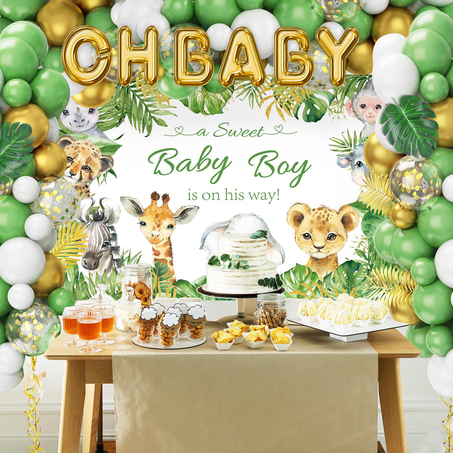 244PCS Jungle Safari Baby Shower Decorations include Plates, Cups, Napkins, Cutlery, Backdrop, Tablecloth, Palm Leaves, Balloon Garland Kit for Animal Themed Baby Boy Shower Decorations, Serves 24