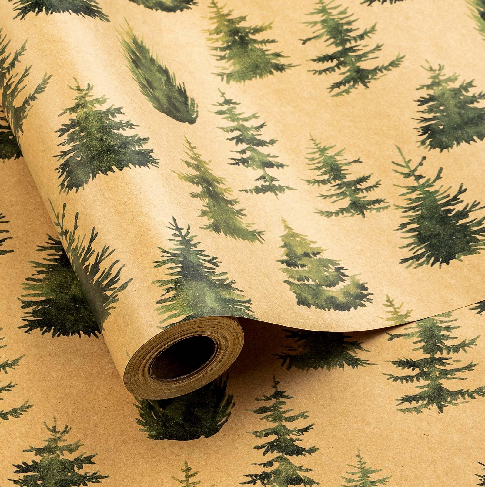 Retrify Kraft Wrapping Paper Roll with Cut Lines on Reverse, Watercolor Green Christmas Trees Gift Wrap Paper for Holiday, Party Celebration, Arts, Craft - 17 Inch x 32.8 Feet