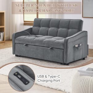 JEEOHEY 3 in 1 Convertible Sleeper Sofa Bed,52" Modern Velvet Pull Out Couch Bed with USB&Type-C Charging Ports,Futon Tufted Love Seat with Adjustable Backrest for Living Room,Office,Bedroom(Grey)