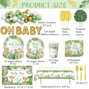 244PCS Jungle Safari Baby Shower Decorations include Plates, Cups, Napkins, Cutlery, Backdrop, Tablecloth, Palm Leaves, Balloon Garland Kit for Animal Themed Baby Boy Shower Decorations, Serves 24