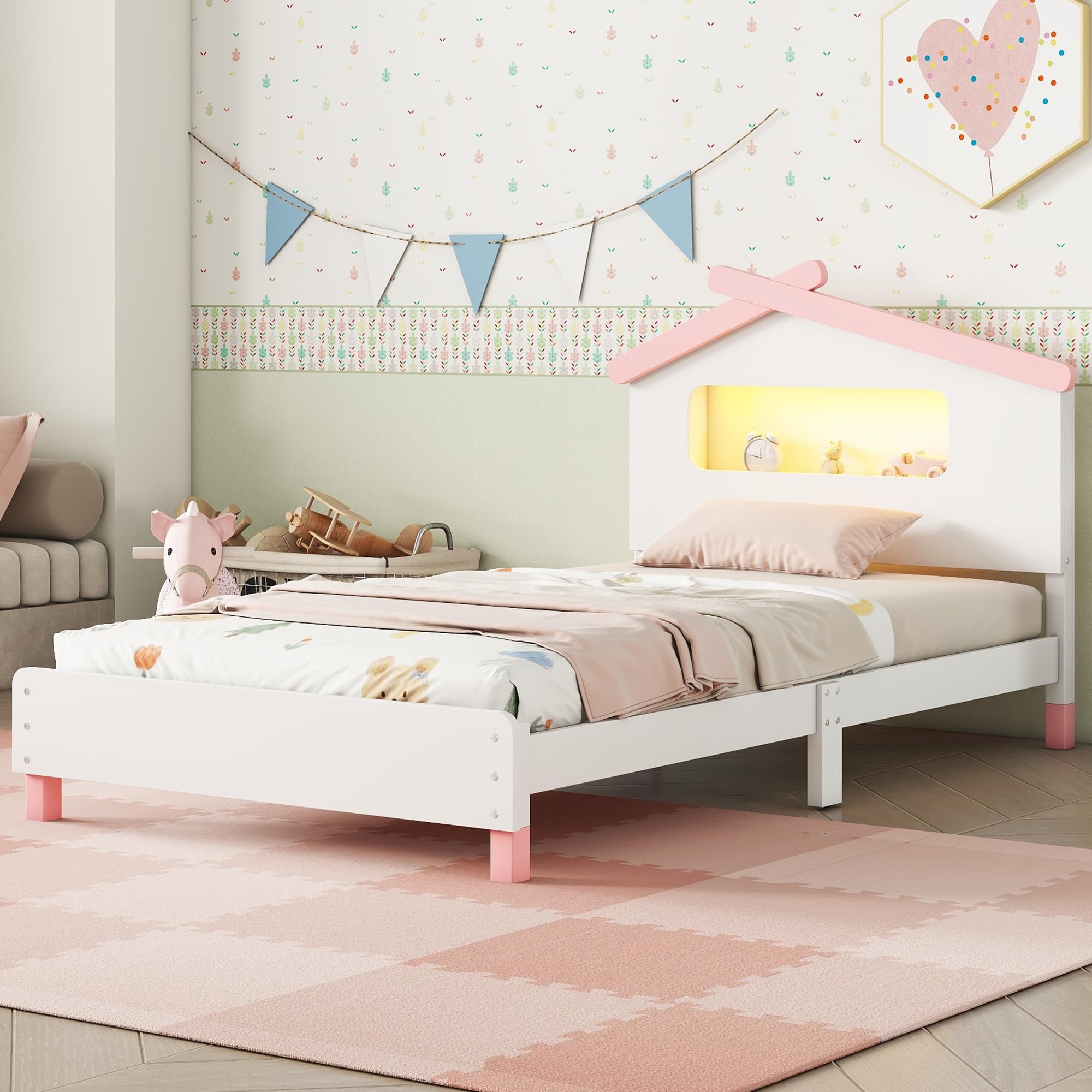 Bellemave Twin Size Platform Bed with House-Shaped Headboard and Motion Activated Night Lights,Wood Twin Kids Bed Frame for Girls,Boys(Twin,Pink)