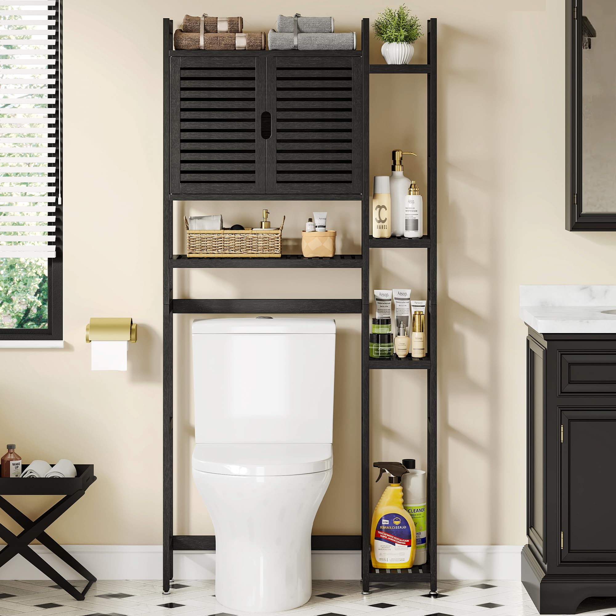 YITAHOME Over The Toilet Storage Bamboo Over-The-Toilet Cabinet with Shelf for Bathroom Storage, Space Saver for Restroom, Laundry, Black