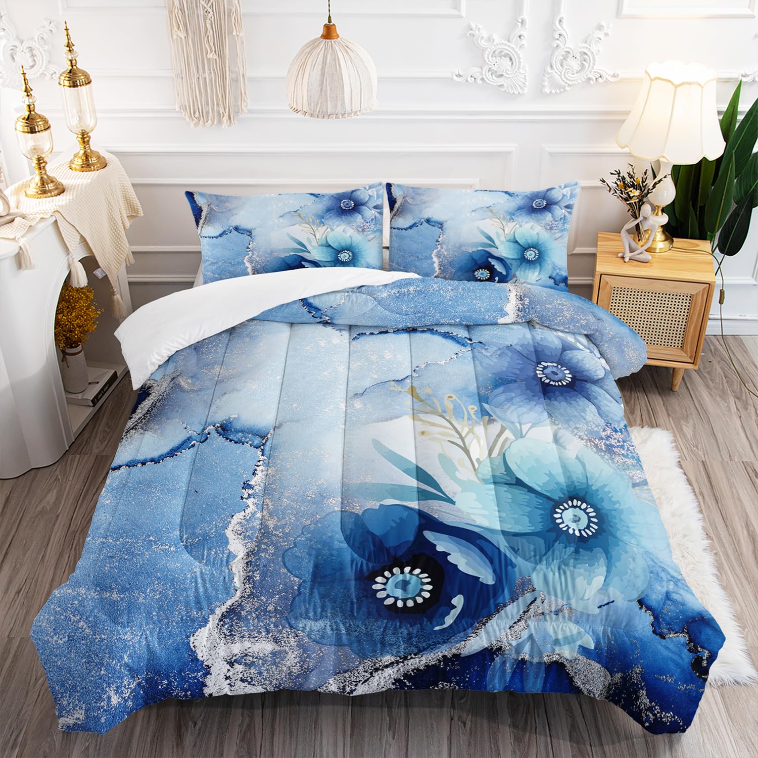 Nttopship Blue Marble Bedding Set Twin for Girls Boys Teens Blue Rose Comforter Set Silver Foil Quilt Comforter Kids Space Marble Room Decor 1 Comforter+2 Pillowcase