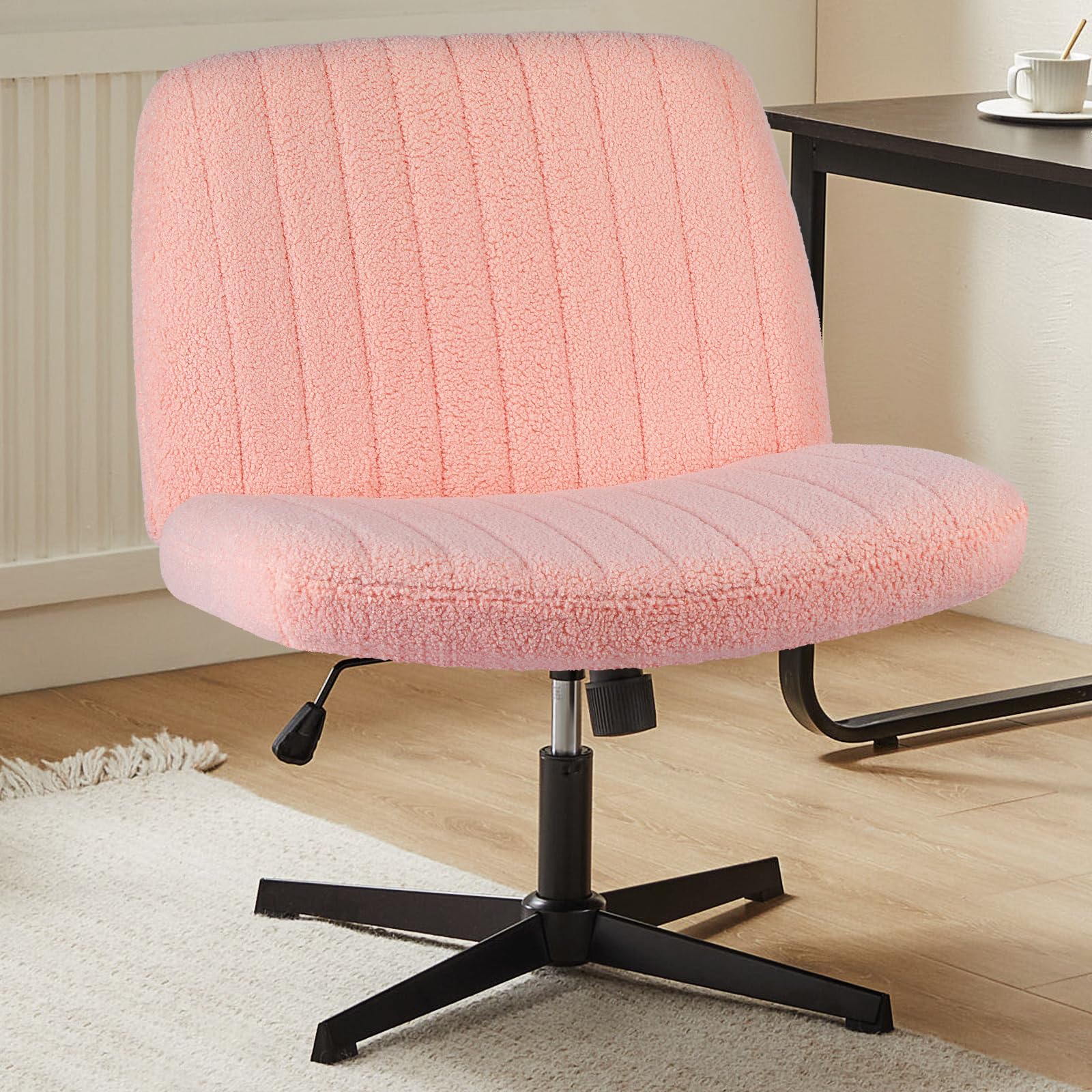 Sweetcrispy Criss Cross Chair Legged, Armless Office Desk Chair No Wheels, Swivel Vanity Chair, Height Adjustable Wide Seat Computer Task Chair, Fabric Vanity Modern Home Chair Pink