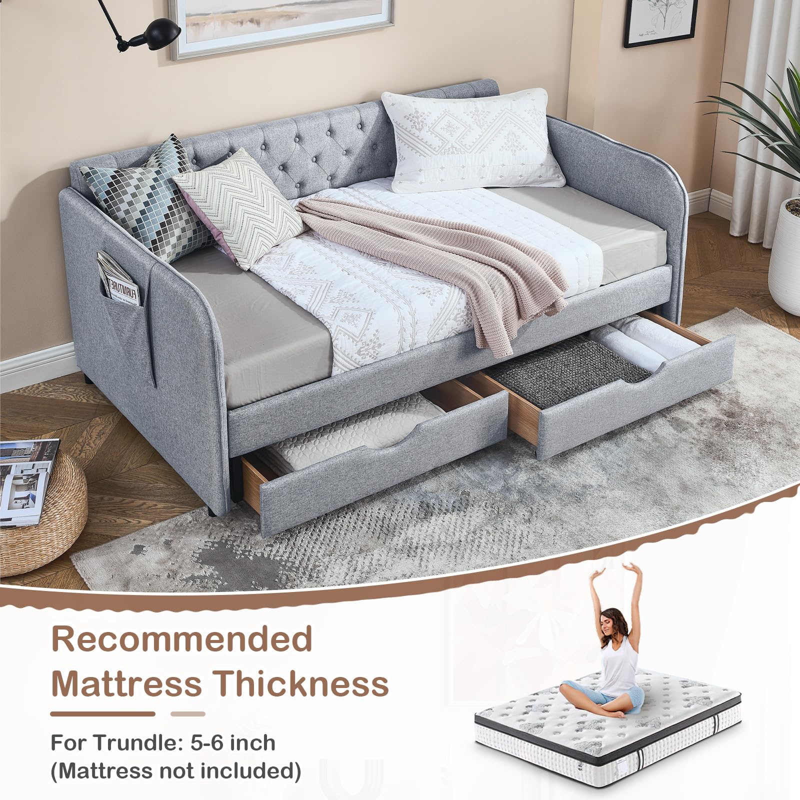 Antetek 80.5" Daybed with Drawer, Modern Button Tufted Linen Day Bed with Trundle Bed Twin to King, Upholstered Daybed Frame w/Storage Pocket for Bedroom, Living Room, No Box Spring Needed, Grey