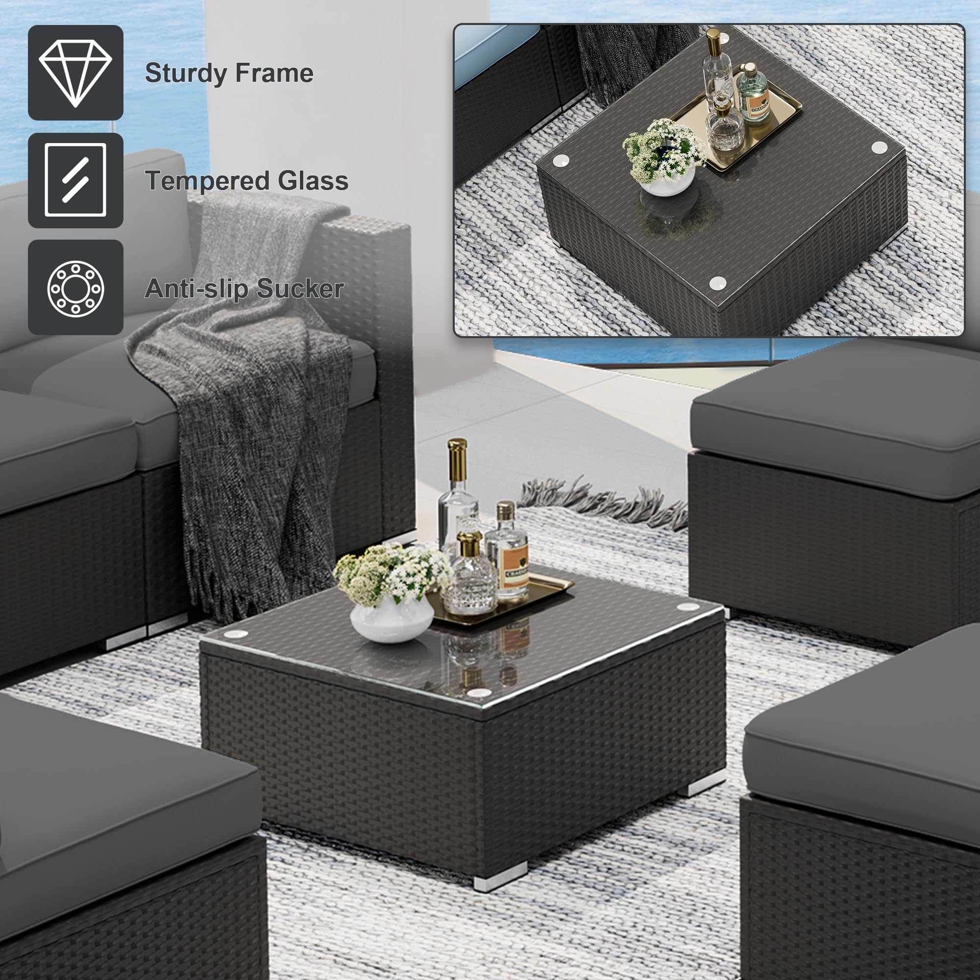 SUNCROWN 7-Piece Outdoor Patio Furniture Sofa Set All-Weather Wicker Sectional Conversation Set with Modern Glass Coffee Table and Cushions,Dark Grey