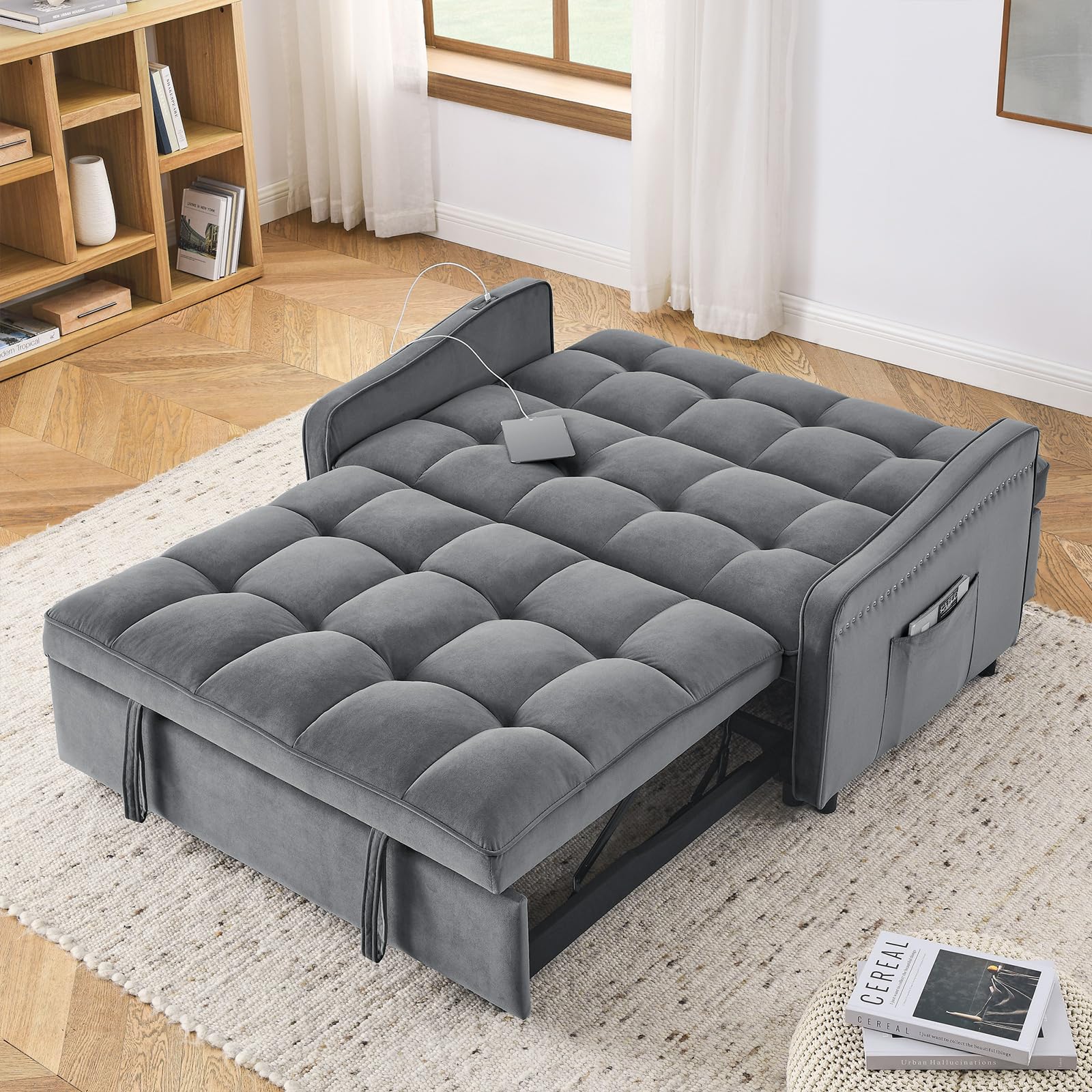 JEEOHEY 3 in 1 Convertible Sleeper Sofa Bed,52" Modern Velvet Pull Out Couch Bed with USB&Type-C Charging Ports,Futon Tufted Love Seat with Adjustable Backrest for Living Room,Office,Bedroom(Grey)