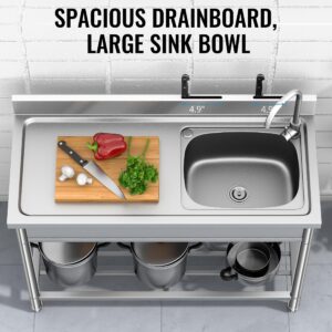 LAFATI Stainless Steel Sink, 304 SUS Free Standing Kitchen Sink Single Bowl With Large Work Station Cold and Hot Water Pipe Undershelf Faucet Drainboard (47 Inch Right Bowl)