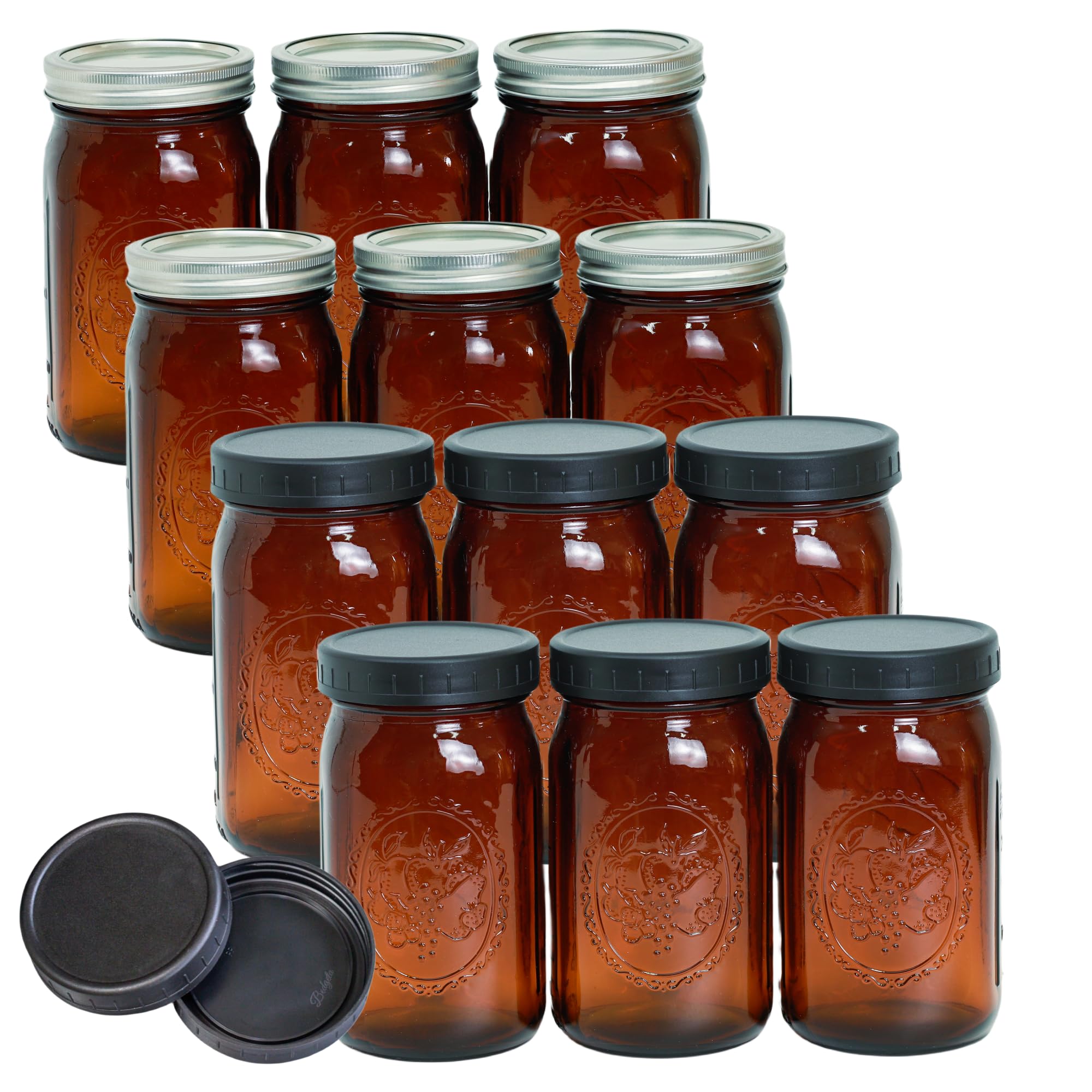 Jumterlee 12 Pack 32 oz Amber Mason Jars, Wide Mouth Mason Jars with Lids and Bands and 12 Black Plastic Mason Jar Lids, Amber Glass Mason Jars